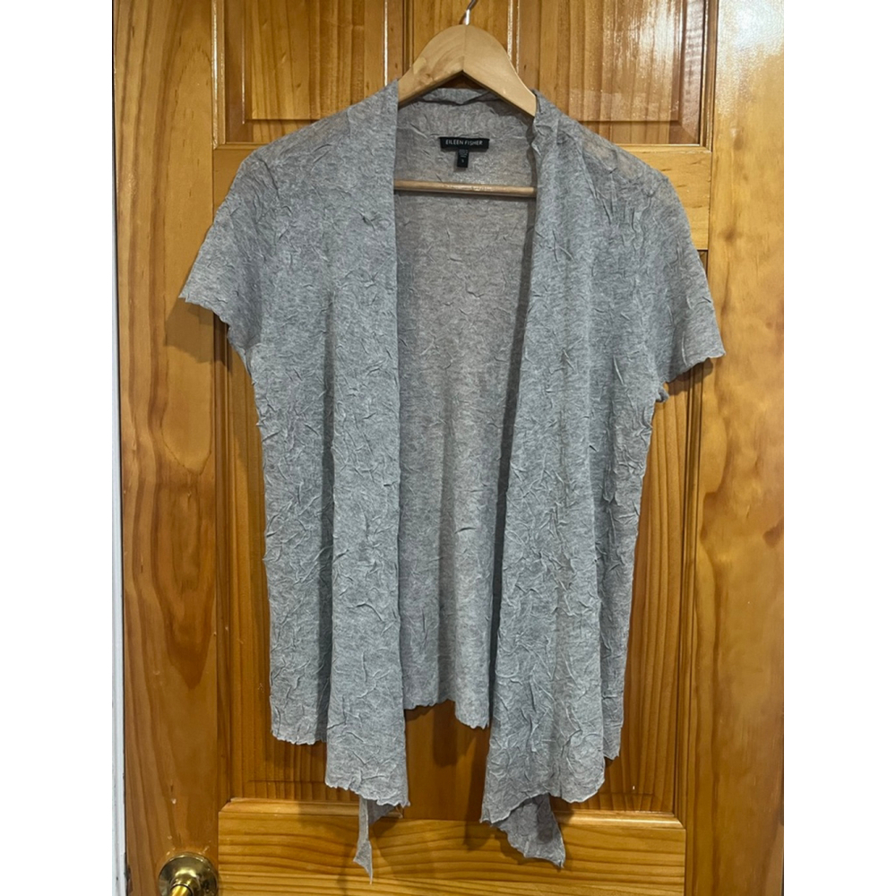 Eileen Fisher Women Gray Lightweight Crinkle Texture Cardigan Office Layering